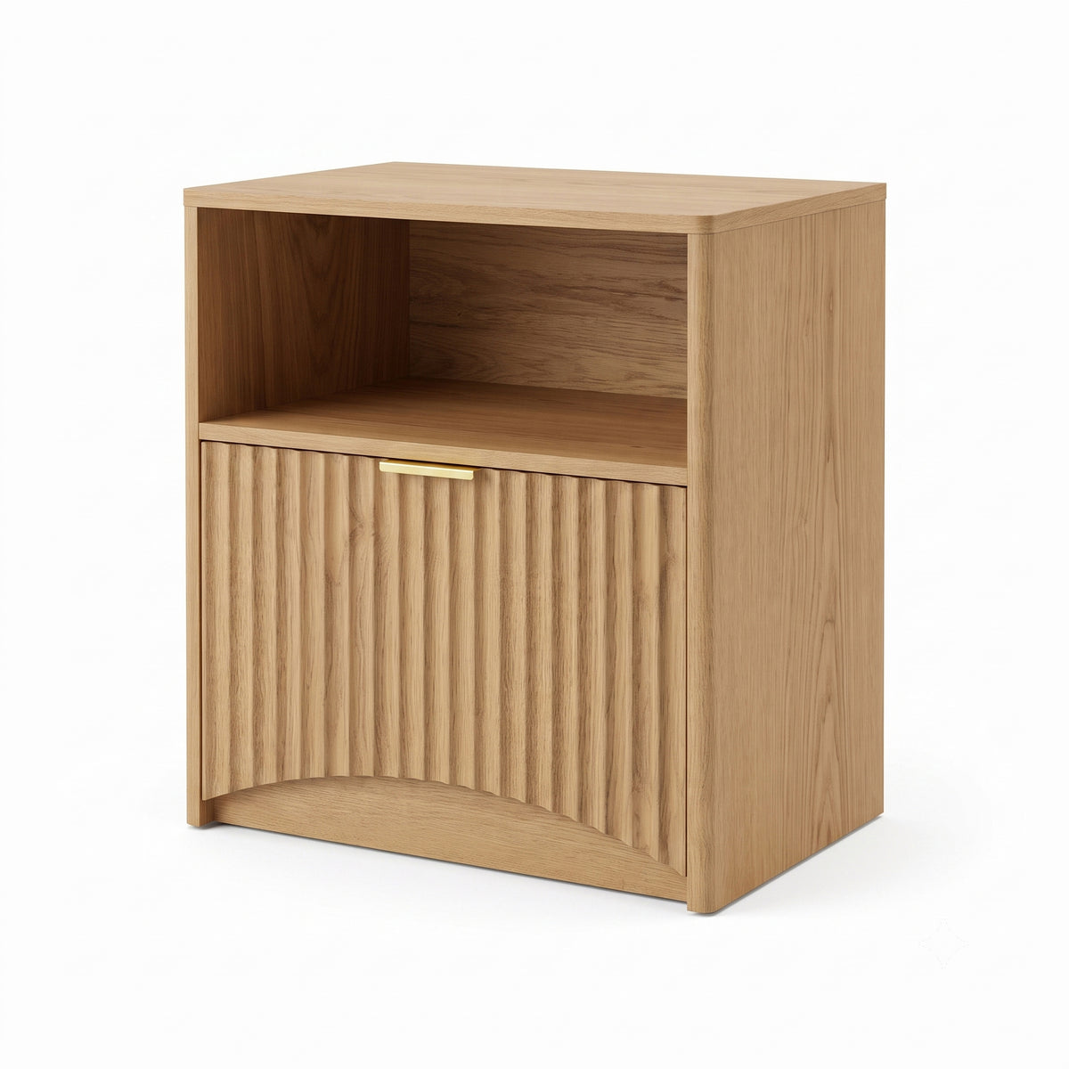 Natural wood nightstand with open shelf and fluted lower door on a white background.