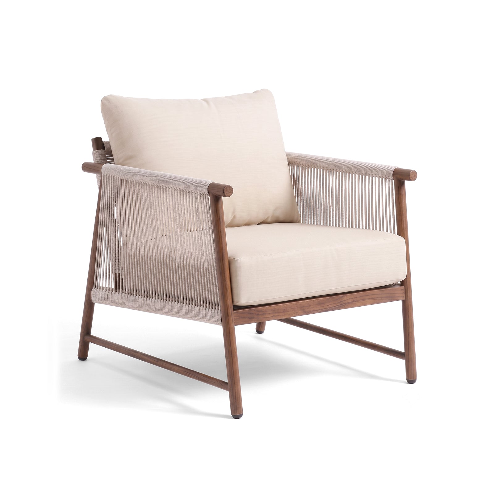 Lounge chair with wooden frame, beige cushions, and rope sides on white background