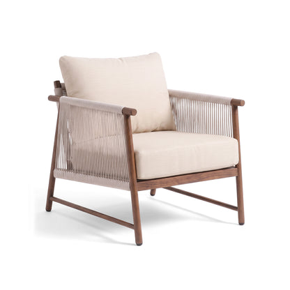 Lounge chair with wooden frame, beige cushions, and rope sides on white background