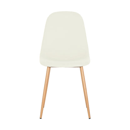 Modern-style Oregon Dining Table with 8 Florida Chairs Set features a minimalist chair with a curved white upholstered seat, backrest, and slender wooden legs, embodying sleek, contemporary design.