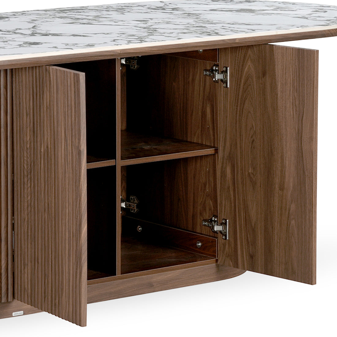 Lower cabinet section of a wooden furniture piece with open doors on white background