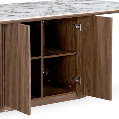 Lower cabinet section of a wooden furniture piece with open doors on white background