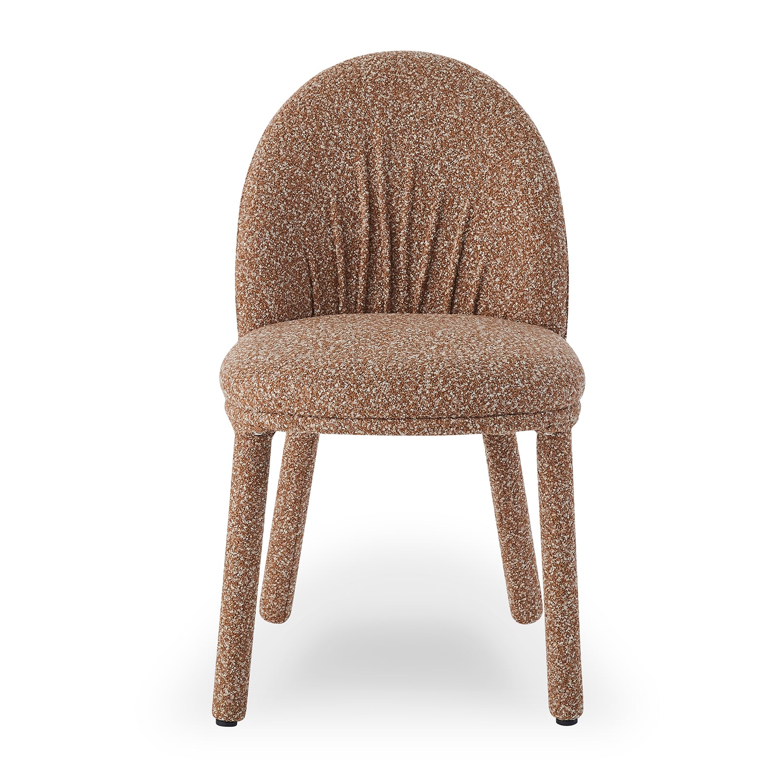 Joren Boucle Arched Dining Chair Set of 2 features a warm speckled brown fabric, rounded backrest with tufting, cushioned seat, and straight padded legs, offering stylish comfort and sleek design.