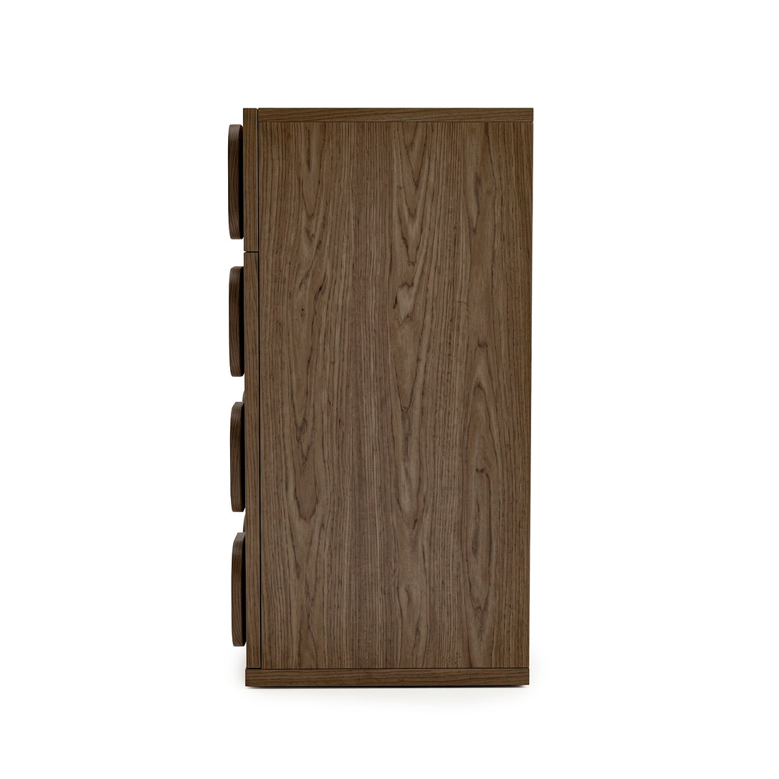 Side profile of a wooden cabinet on a white background