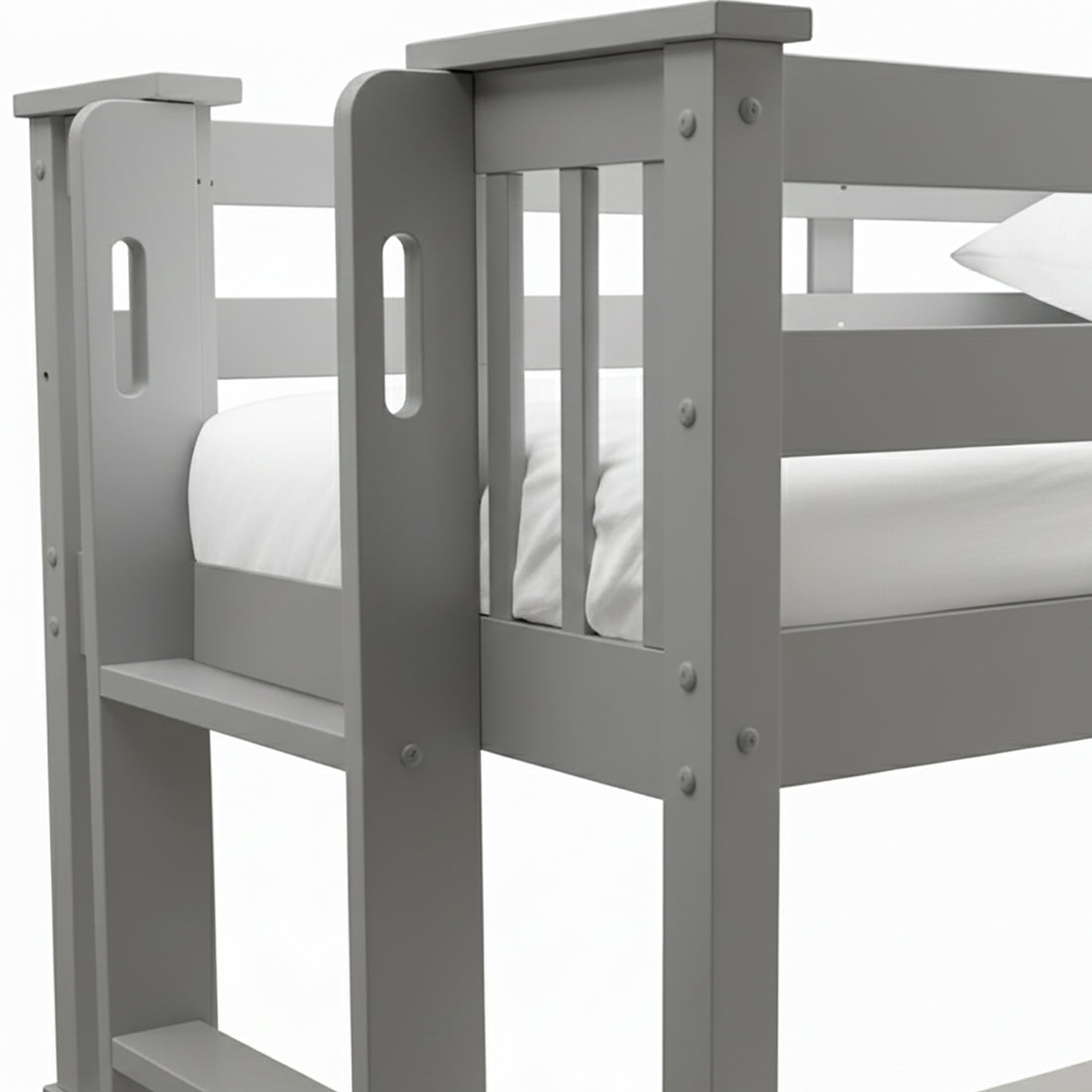 Close-up side view of grey bunk bed ladder and slatted guardrails on white background