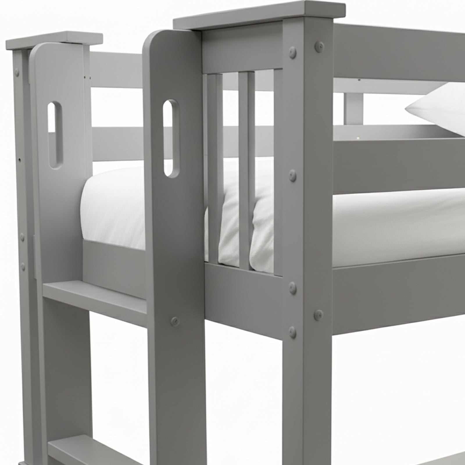 Close-up side view of grey bunk bed ladder and slatted guardrails on white background