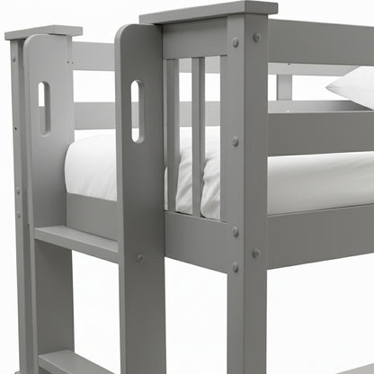 Close-up side view of grey bunk bed ladder and slatted guardrails on white background