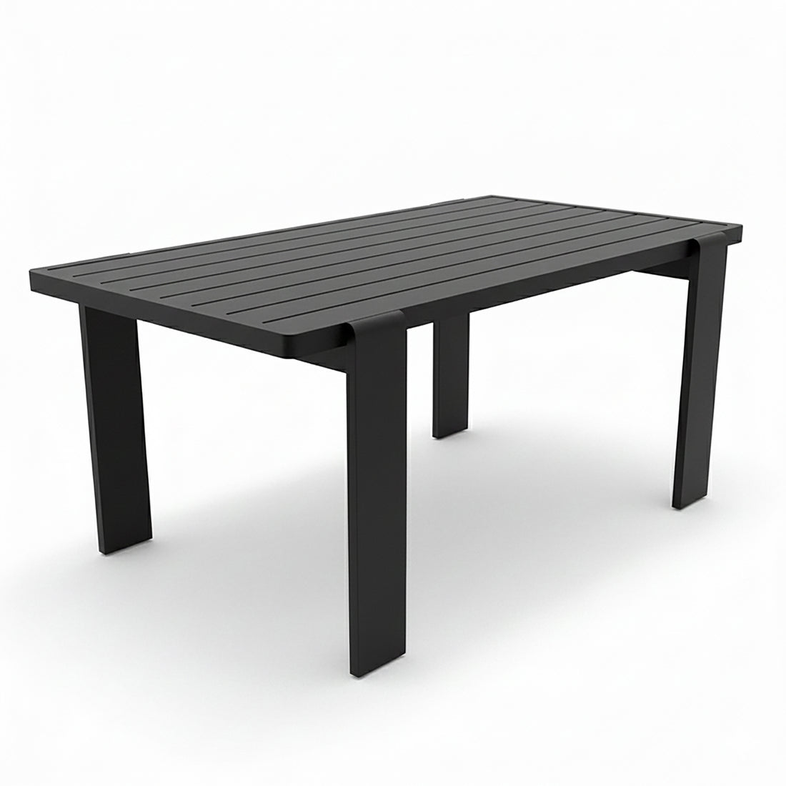 Positano 6 Seater Outdoor Dining Set in Black & Grey features a sleek, modern rectangular table with a slatted top and minimalist design, ideal for stylish outdoor dining.