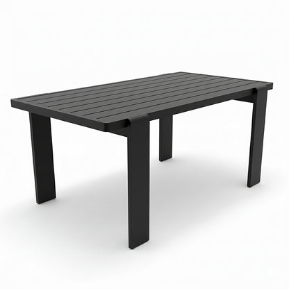 Positano 6 Seater Outdoor Dining Set in Black & Grey features a sleek, modern rectangular table with a slatted top and minimalist design, ideal for stylish outdoor dining.