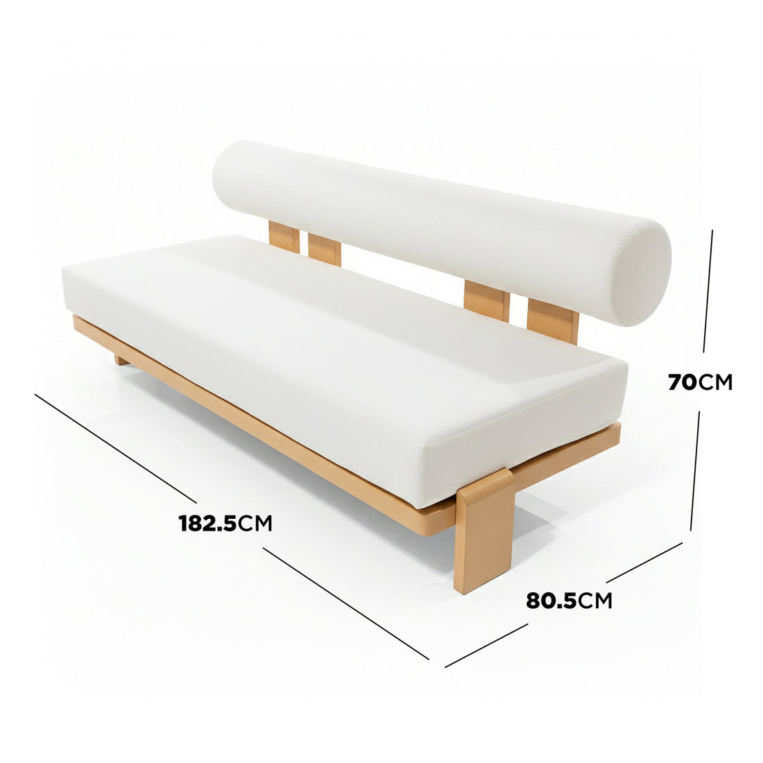 Modica 5 Seater Aluminium Outdoor Sofa Set in White featuring a minimalist light wood frame, white upholstery, rectangular seat, and cylindrical bolster backrest, perfect for a relaxed outdoor setting.