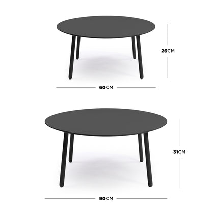 Two round nesting tables on white background with dimension measurements shown