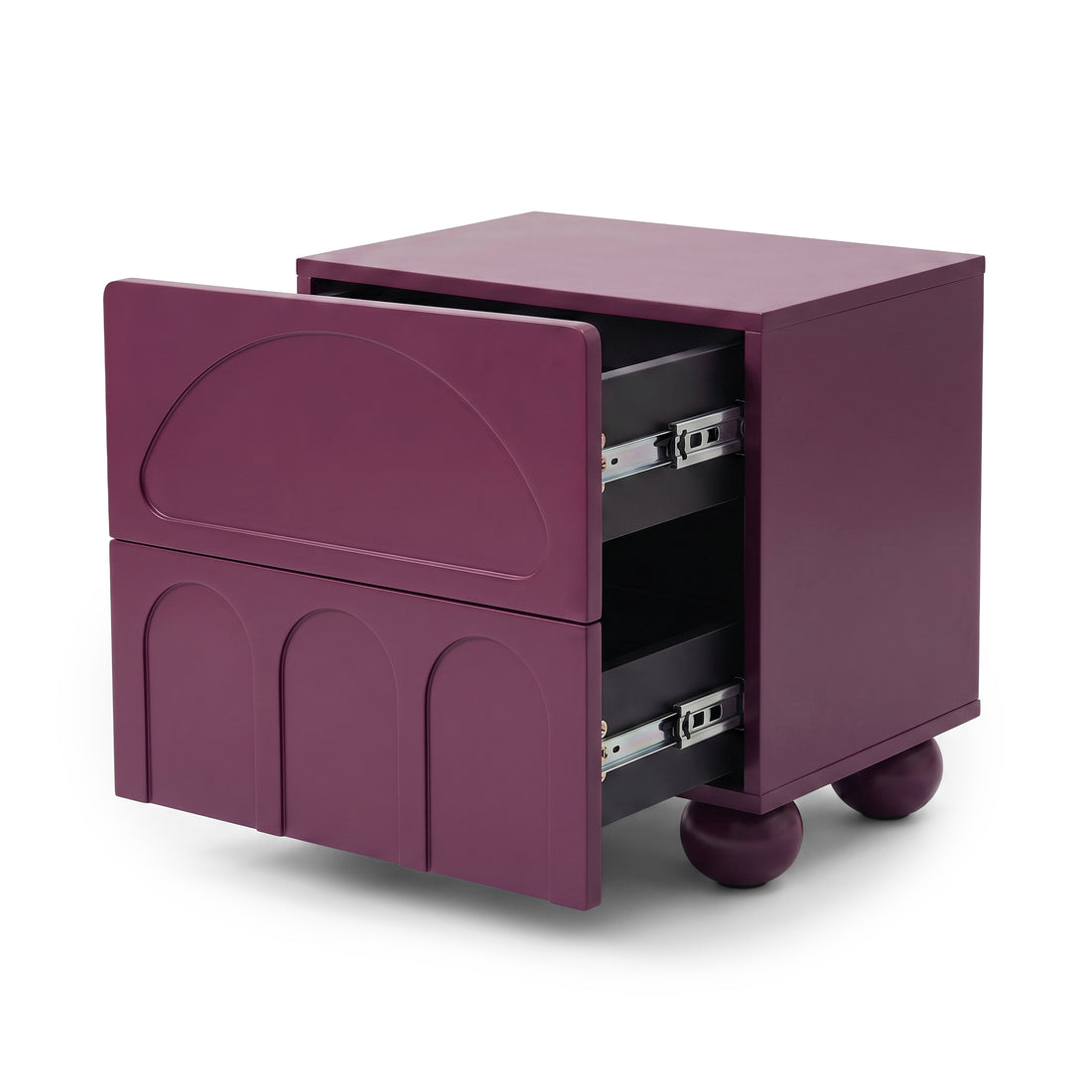 Glossy deep purple nightstand with one drawer open on a white background