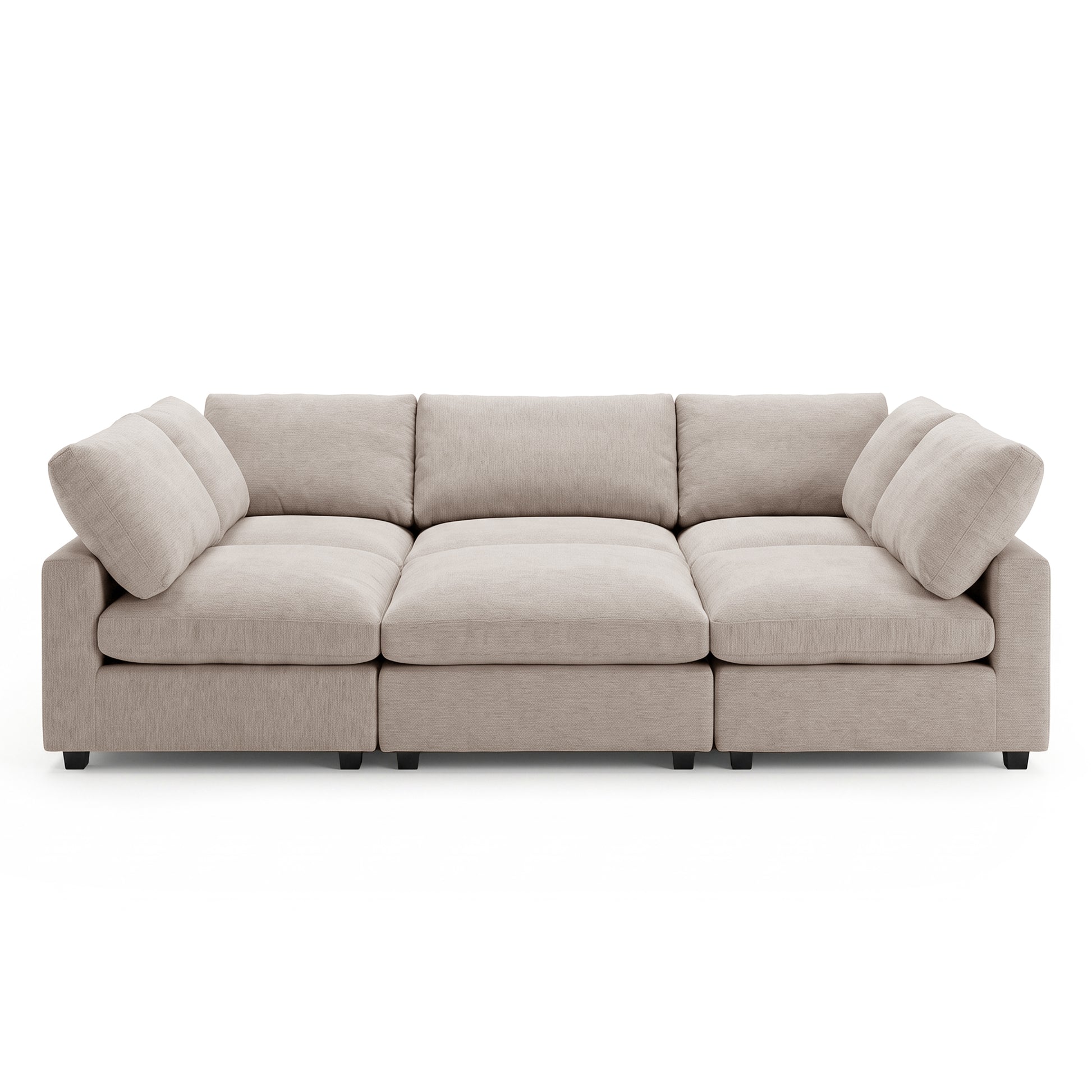 Light beige L-shaped sectional sofa on a white background.