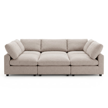 Light beige L-shaped sectional sofa on a white background.