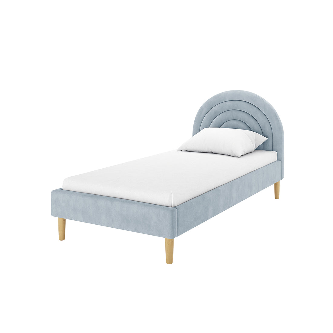 Estilla Velvet Rainbow Bed in Ice Blue features a semi-concentric arc headboard, upholstered in soft velvet. It rests on a low-profile platform with wooden legs, accompanied by a white mattress and pillow.