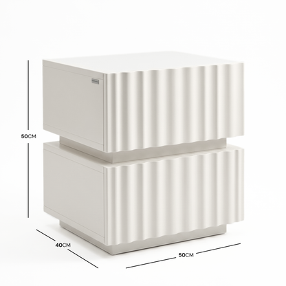 White nightstand with fluted fronts on white background with dimension markings.