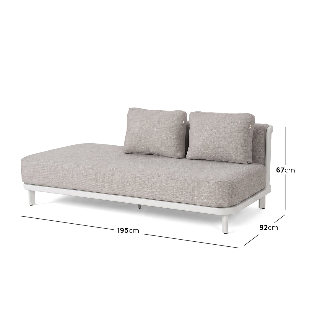 Light gray upholstered daybed or chaise lounge on a white background with dimensions displayed.