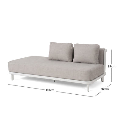 Light gray upholstered daybed or chaise lounge on a white background with dimensions displayed.