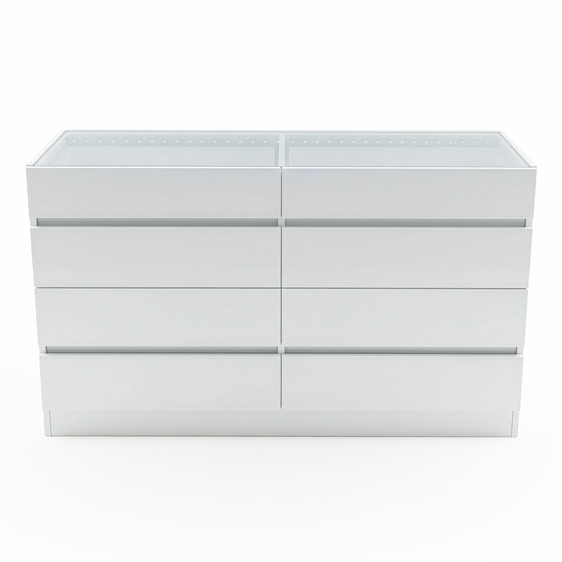 Minimalist white six-drawer dresser on white background
