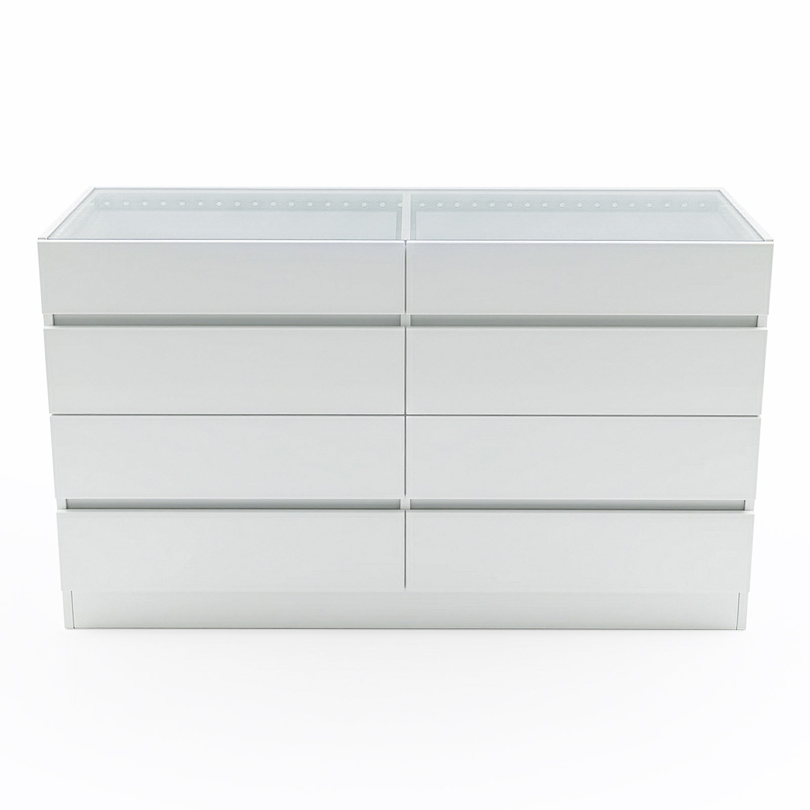 Minimalist white six-drawer dresser on white background