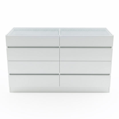 Minimalist white six-drawer dresser on white background