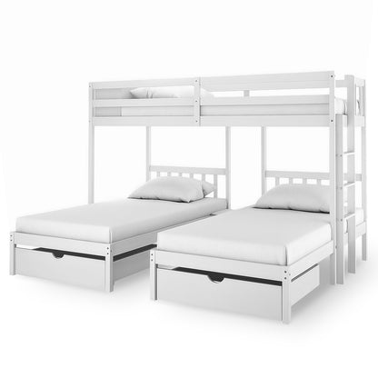Aristos Triple Bunk Bed with Side Table in White, showcasing an L-shaped design with two twin beds below, a top bunk, ladder access, and pull-out storage drawers for efficient space use.