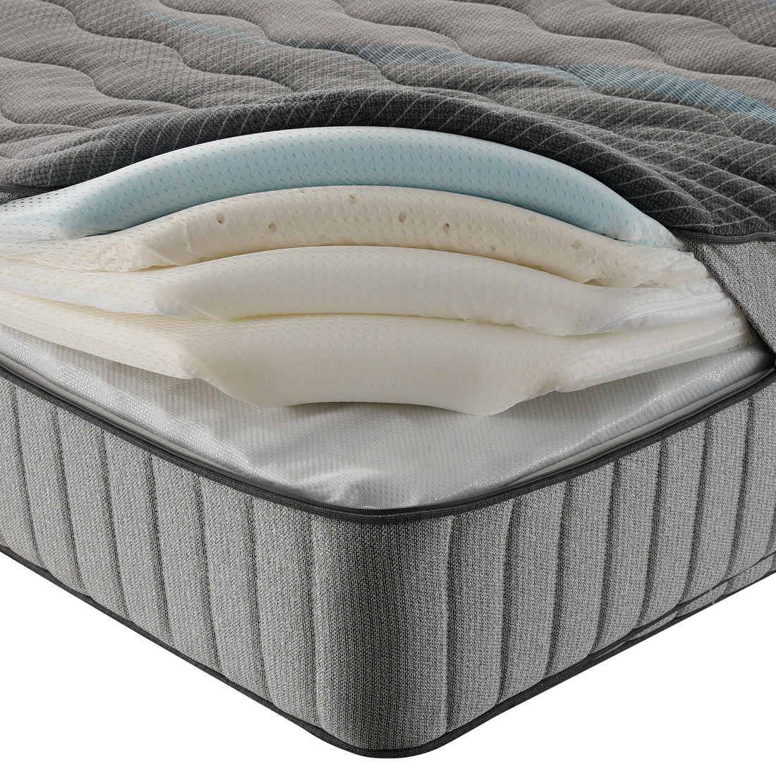 Mattress corner cutaway showing internal foam layers