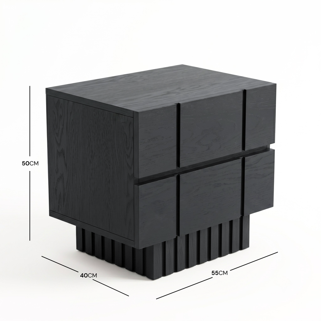 Black nightstand on white background with dimensions shown