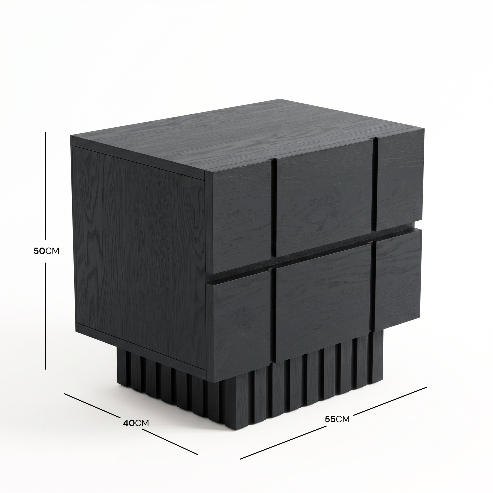 Black nightstand on white background with dimensions shown
