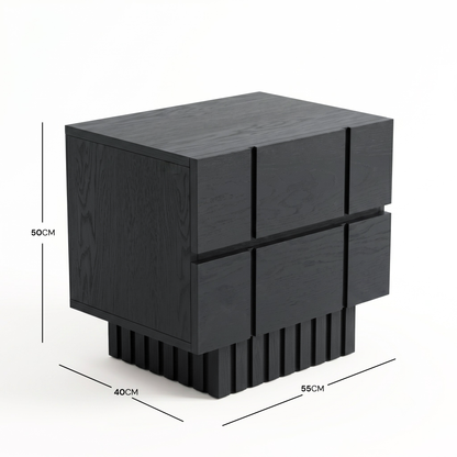 Black nightstand on white background with dimensions shown