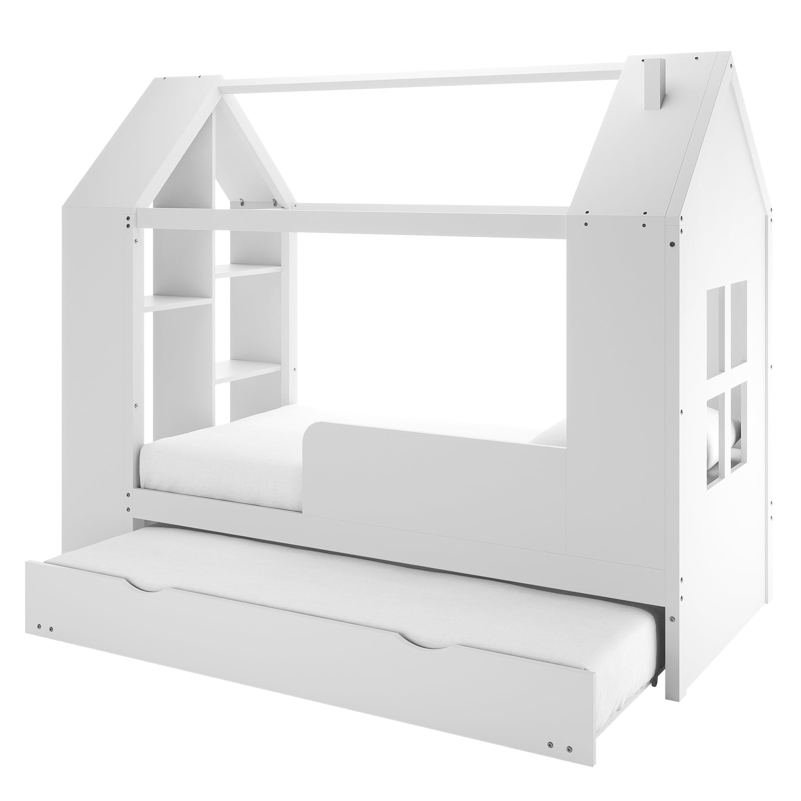 Halden Kids Cubby Bed Storage & Trundle in White; features a house-like frame with cut-out windows, built-in shelving, and a pull-out trundle underneath, combining playfulness and practicality.