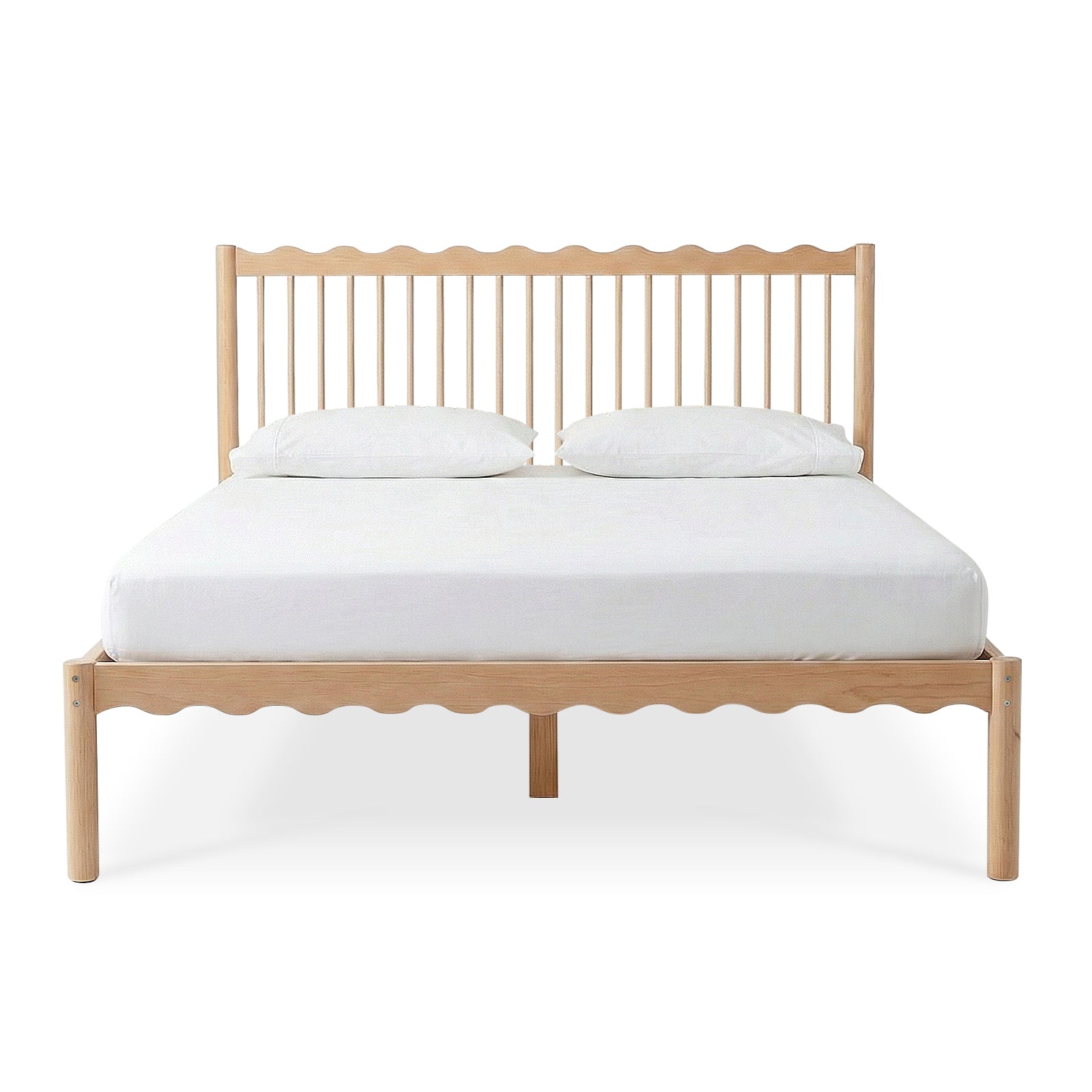 Front-facing wooden bed frame with wave-edge headboard and white bedding on white background