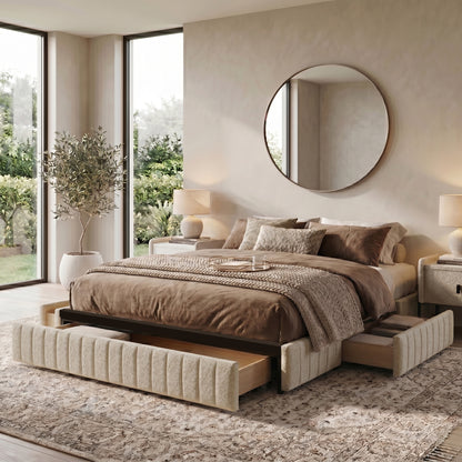 Styled modern bedroom featuring a beige upholstered bed with storage drawers
