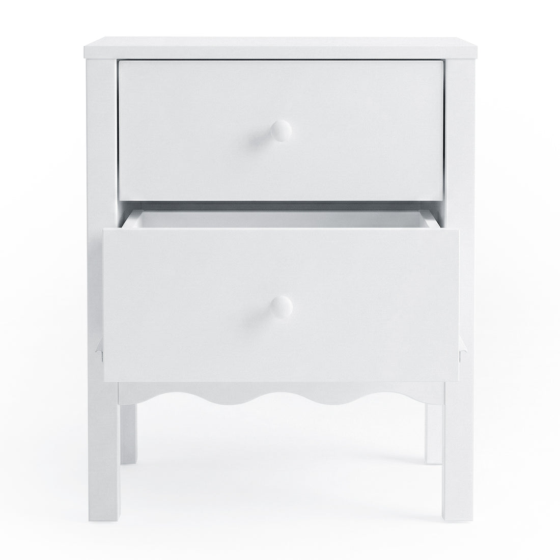 White two-drawer nightstand on plain white background, straight-on full view