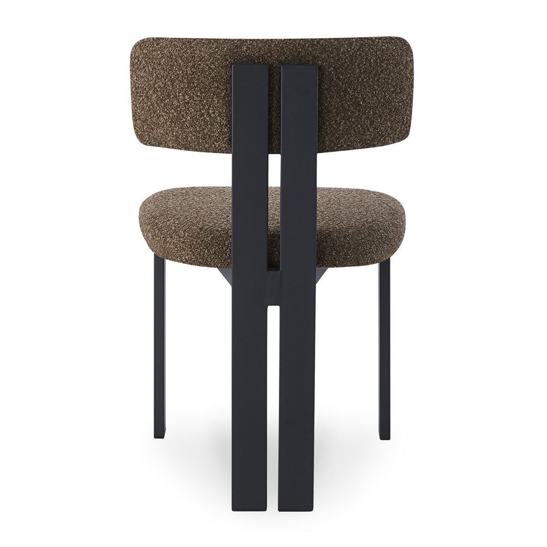 Haleo Curved Boucle Dining Chair Set of 2 in Rust Brown features a softly rounded upholstered backrest, boucle-style fabric, and a slender black metal frame with four sturdy legs, offering modern elegance.