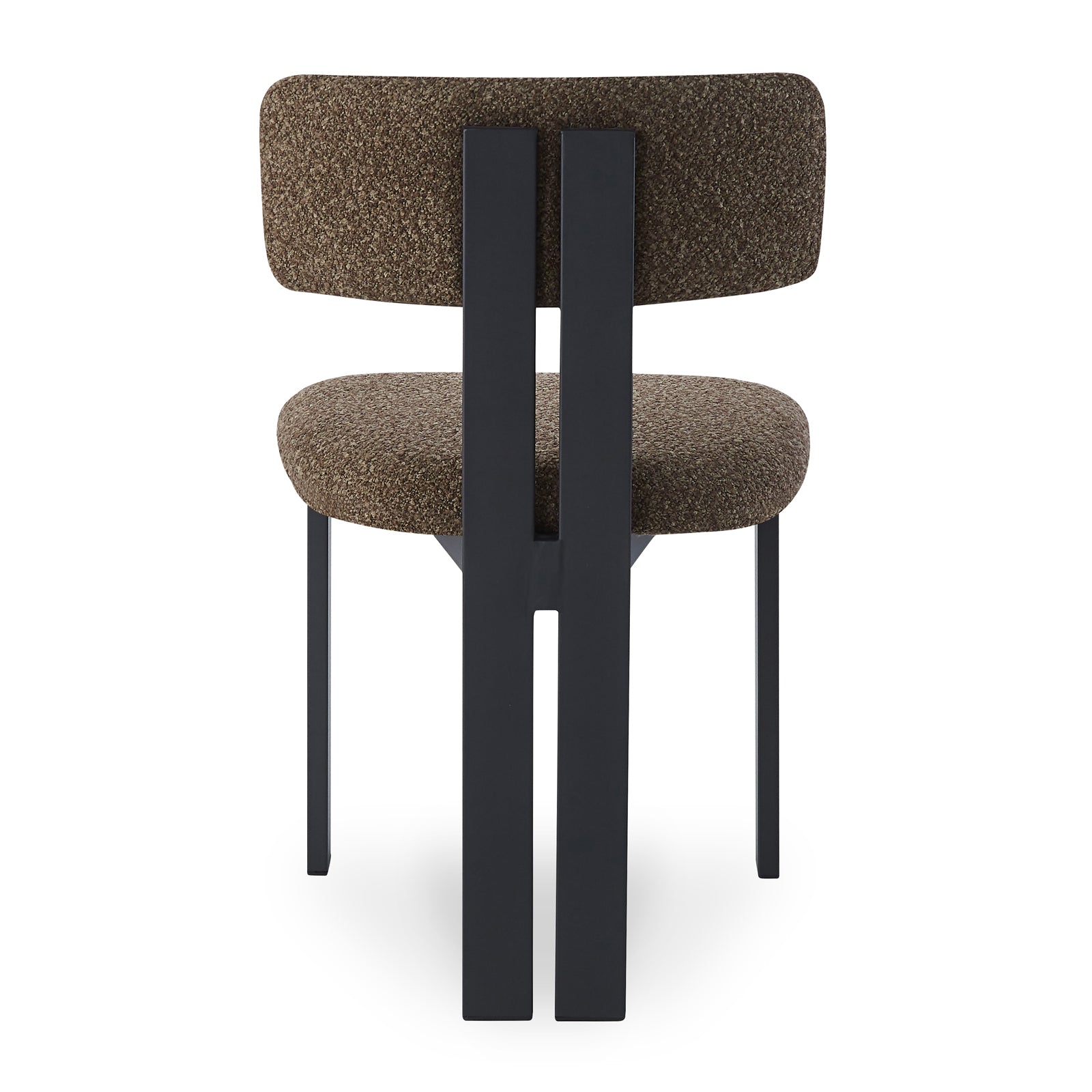 Haleo Curved Boucle Dining Chair Set of 2 in Rust Brown features a softly rounded upholstered backrest, boucle-style fabric, and a slender black metal frame with four sturdy legs, offering modern elegance.