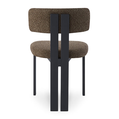 Haleo Curved Boucle Dining Chair Set of 2 in Rust Brown features a softly rounded upholstered backrest, boucle-style fabric, and a slender black metal frame with four sturdy legs, offering modern elegance.