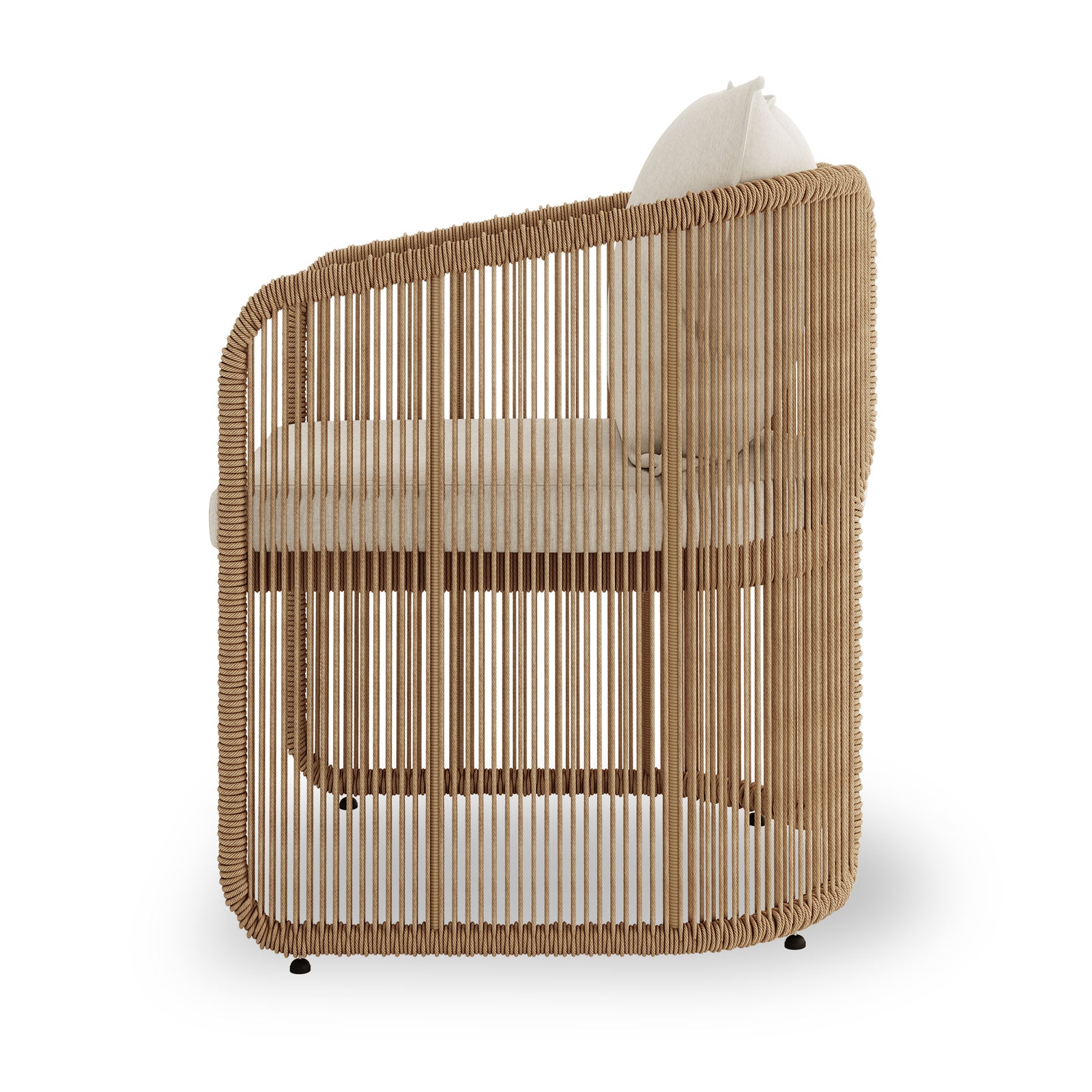 Vellora 4 Seater Wicker Outdoor Dining Set features a side-view modern lounge chair with a tubular metal frame wrapped in natural rope, light-beige cushion, and woven appearance, ideal for indoor or covered spaces.