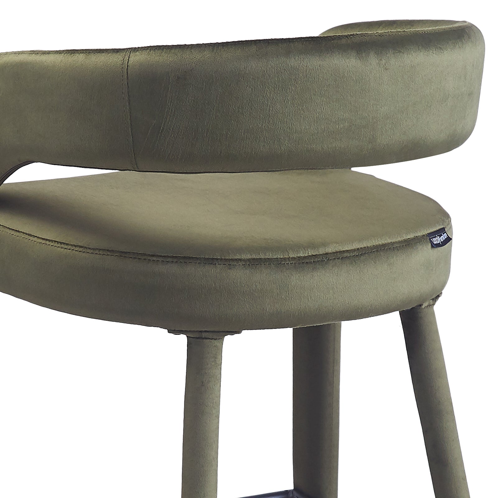 Close-up of olive green stool seat and partial backrest on white background