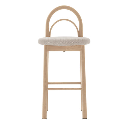 Modern bar stool with light wood frame and upholstered seat on white background