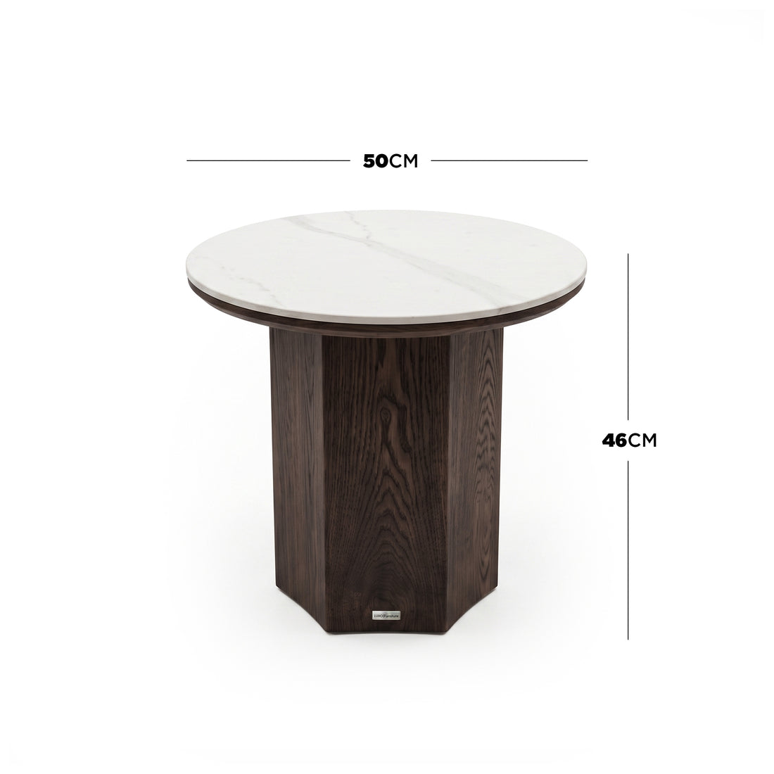 Round side table on white background with 50cm diameter and 46cm height dimensions shown