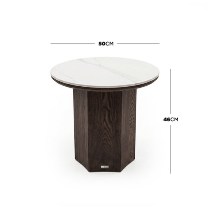 Round side table on white background with 50cm diameter and 46cm height dimensions shown