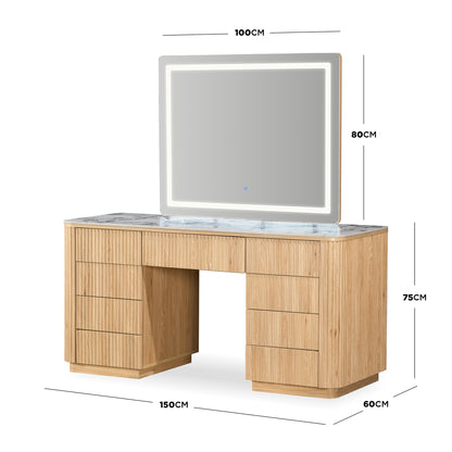 Modern vanity desk with illuminated mirror on a white background, with dimensions shown