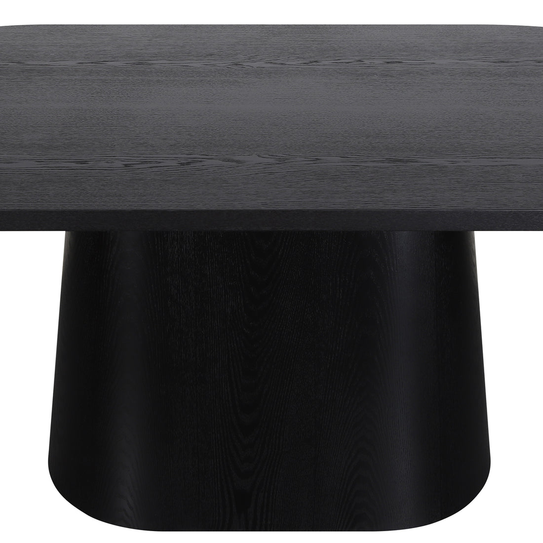 Close-up of black wooden table showing tabletop and pedestal base