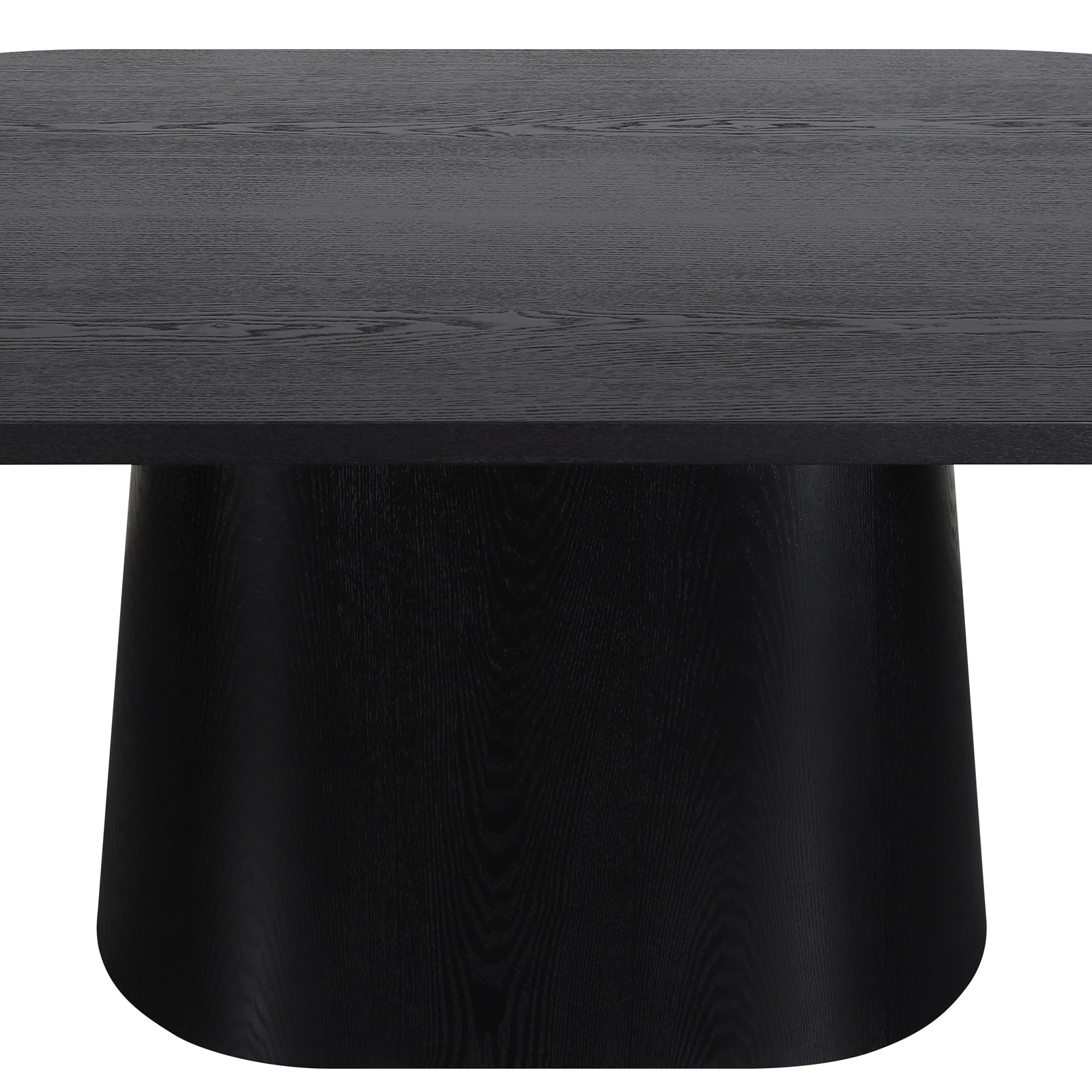 Close-up of black wooden table showing tabletop and pedestal base
