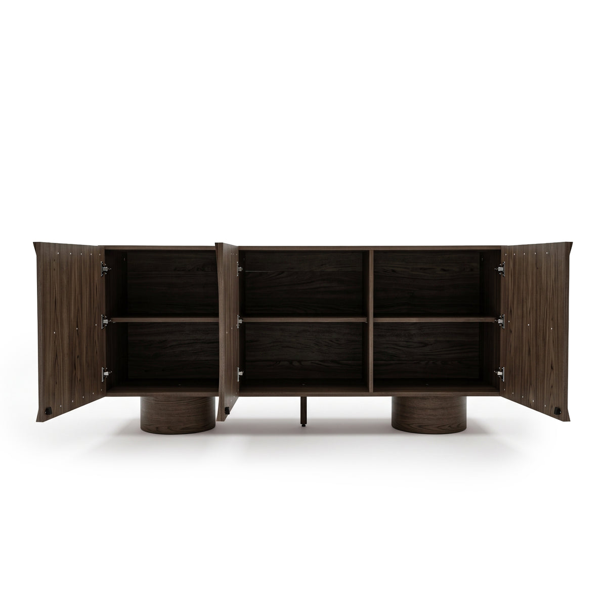 Wooden cabinet on white background with all doors open showing storage cubbies