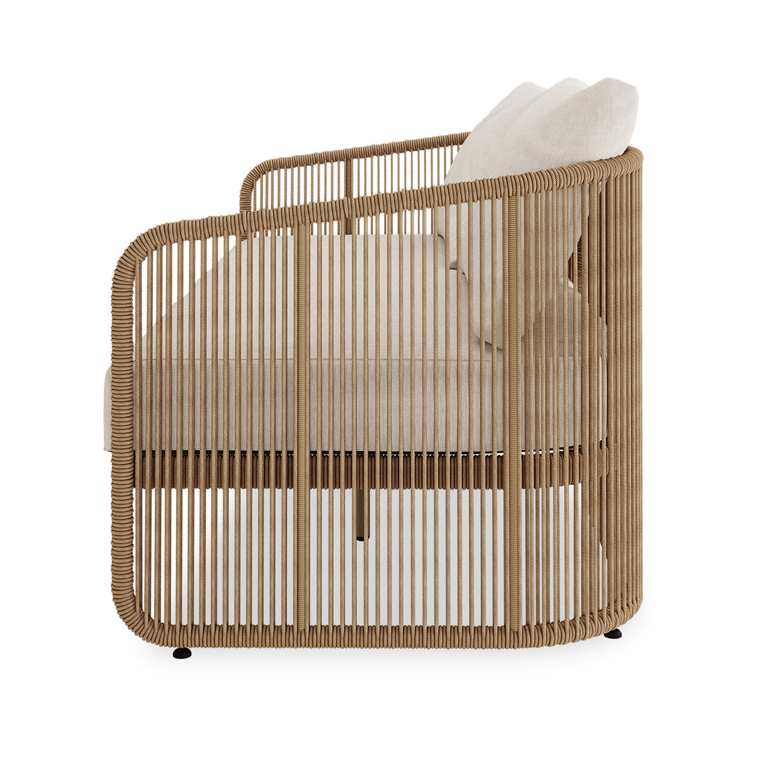 Solari 4 Seater Wicker Outdoor Sofa Set in Natural: Modern lounge armchair with light-brown rope-wrapped frame, off-white cushions, and airy design, perfect for stylish, comfortable outdoor seating.