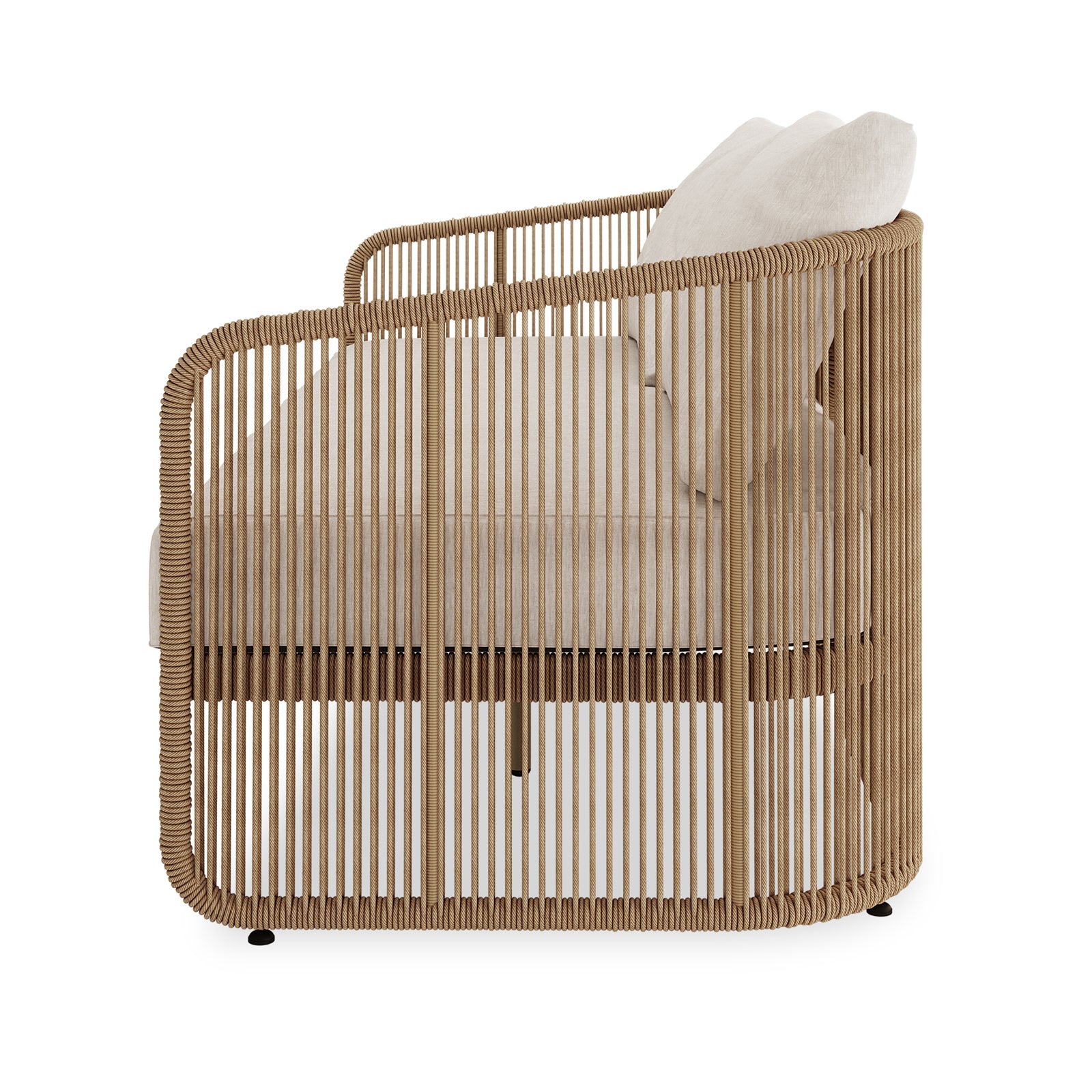 Solari 4 Seater Wicker Outdoor Sofa Set in Natural: Modern lounge armchair with light-brown rope-wrapped frame, off-white cushions, and airy design, perfect for stylish, comfortable outdoor seating.