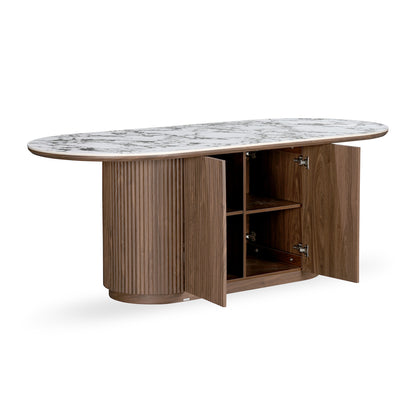 Open storage sideboard or table with marble top on white background