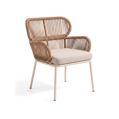 Accent chair with woven back and cream seat on a white background
